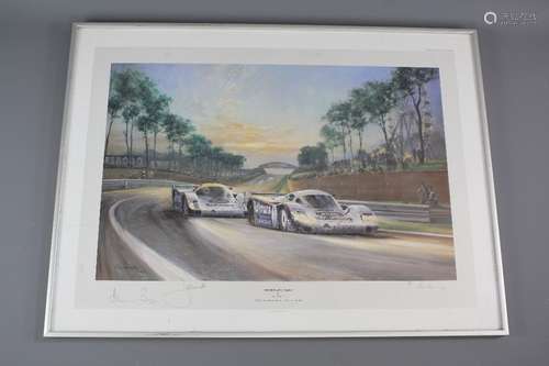 Limited Edition Alan Fearnley Print, entitled 'Sunset at Le Mans', nr 387/850, signed by both drivers and the artist to the lower margin, approx 50 x 69 cms