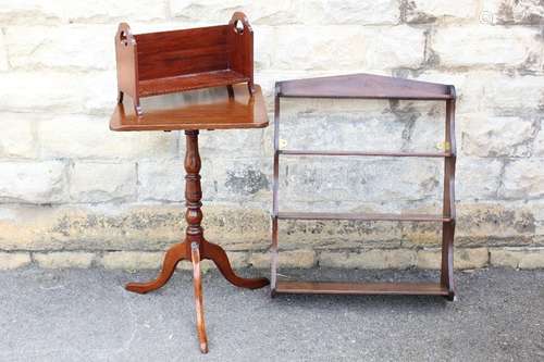 Miscellaneous Mahogany Furniture, including a wine table on pedestal base approx 46w x 46 d x 73 h cms, waterfall bookcase approx 75h x 63 w x 18 d cms, together with a desk book rest approx 25 h x 41 l cms