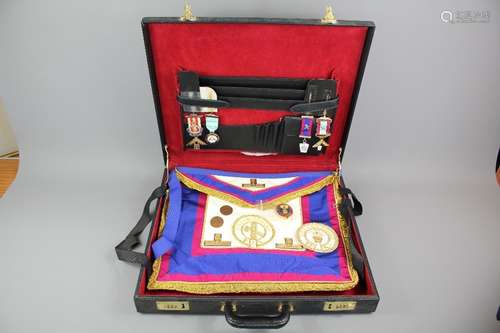 Masonic Regalia, including Oxfordshire Lodge Apron and Collar with medallion, Gloucestershire Lodge Apron and Collar with medallion, Oxfordshire Lodge Senior white leather and gilt thread badge, approx 10 x 10 cms, Wychwood Lodge medal, Ante Meridiem Lodge 9500 Founder, Hertfordshire Yeomanry Lodge No