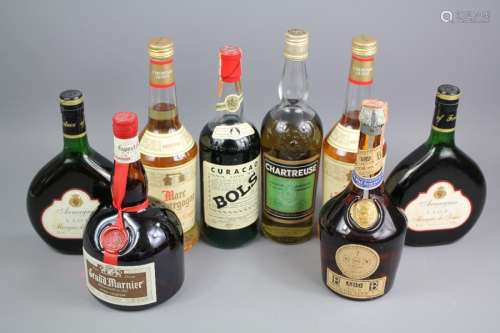 A Selection of Wines and Spirits; including French liqueurs, 2 x Marc de Bourgogne, 1 x Green Chartreuse, Benedictine, 1 x Green Curacao, 2 x Armagnac V