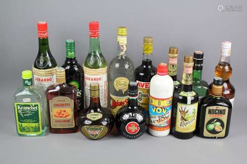 A Selection of Italian Liqueurs including 2 x Kapriol, 1 x Nocino Casni (walnut liqueur), 1 x Crema Pera (pear), 1 x Amaretto, 1 x Prugna (prune), 1 x Aurum, 2 x Maraschino (cherry), 1 x Strega, 1 x Zwack (Hungarian), 1 x Vov, 1 x Italian Cranadet 1 x Averna Siciliano and Radis