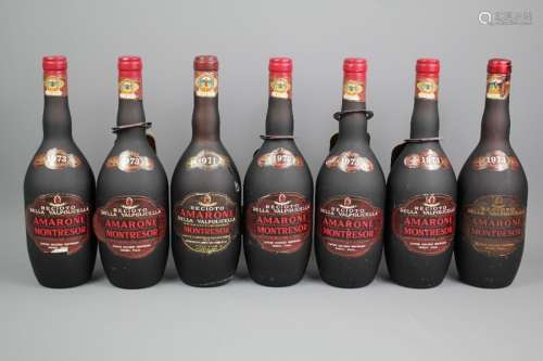 Seven Bottles of Amarone Montressor Valpolicella, six bottles of 1973 vintage and a single bottle of 1971 vintage