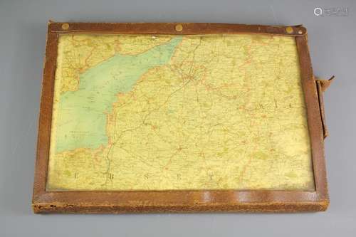 A Vintage Map of England; the map laid out on twenty three double-sided cards, housed in a leather case with one all-weather clear plastic viewing panel, approx 39 x 28 cms