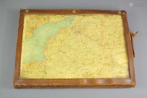 A Vintage Map of England; the map laid out on twenty three double-sided cards, housed in a leather case with one all-weather clear plastic viewing panel, approx 39 x 28 cms
