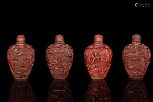 FOUR VEY FINELY CARVED CINNABAR LACQUER SNUFF BOTTLES