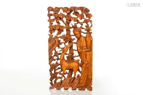 A BEAUTIFULLY CARVED HUANGMU PLAQUE OF GUANYIN & DEER