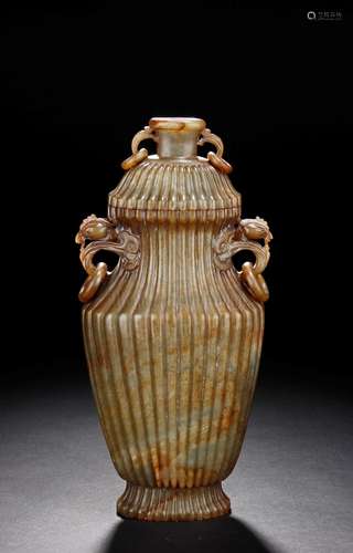 CARVED JADE VASE WITH PHOENIX-MASK HANDLES