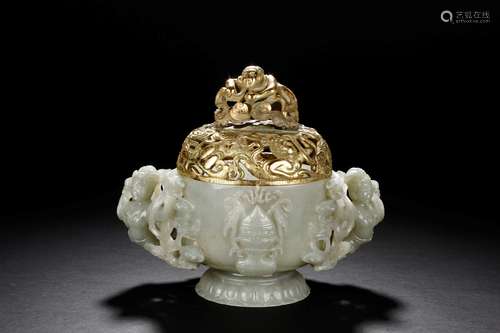 WHITE JADE 'ASPARA' BOWL WITH GILT-BRONZE COVER