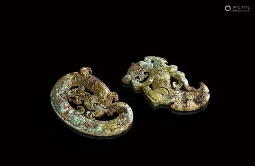 TWO ARCHAIC JADE ORNAMENTS