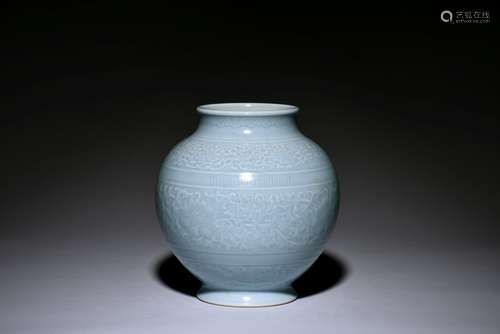 SKY BLUE GLAZED AND CARVED FLOWERS JAR