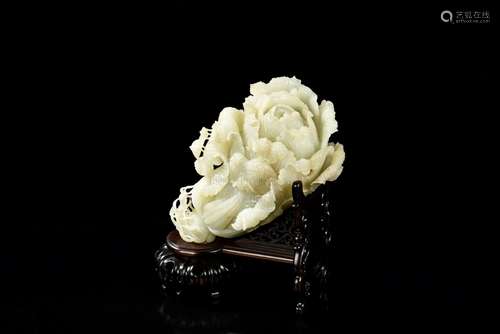 RARE HETIAN WHITE JADE CARVED CABBAGE WITH STAND