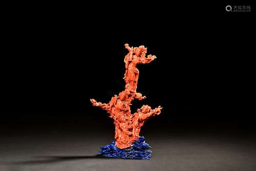 RED CORAL CARVED 'CELESTIAL MUSICIANS' FIGURE WITH LAPIS LAZULI STAND