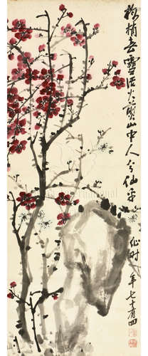 WU CHANGSHUO: INK AND COLOR ON PAPER PAINTING 'PLUM FLOWERS'