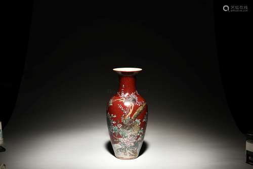 RED GROUND 'FLOWERS AND BIRDS' VASE