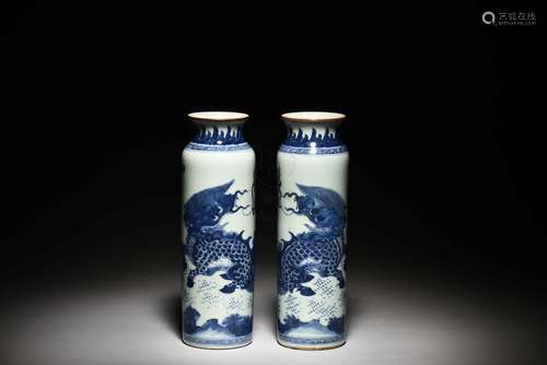 PAIR OF BLUE AND WHITE 'MYTHICAL BEASTS' VASES