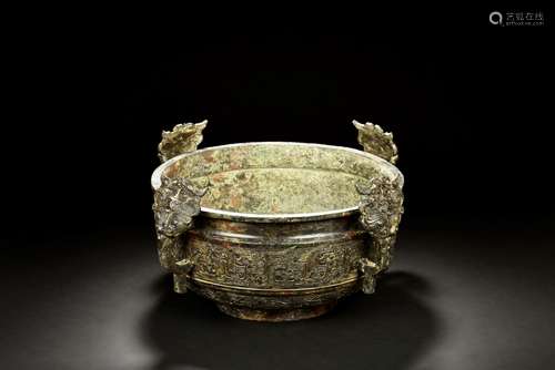 ARCHAIC BRONZE CAST JARDINIERE WITH FOUR HANDLES, JIAN