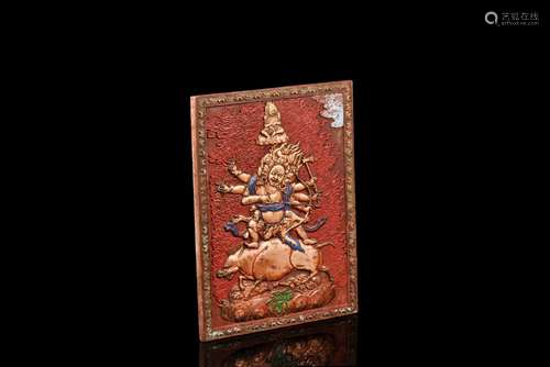 JADE CARVED AND PAINTED BODHISATTVA PLAQUE