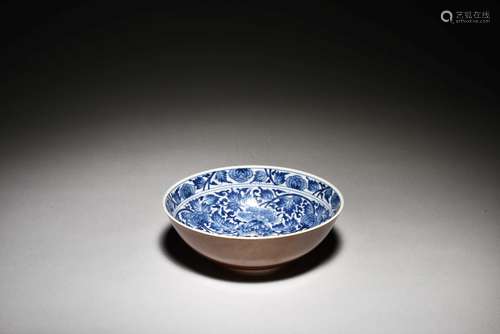 BLUE AND WHITE WITH BROWN GROUND 'FLOWERS' BOWL