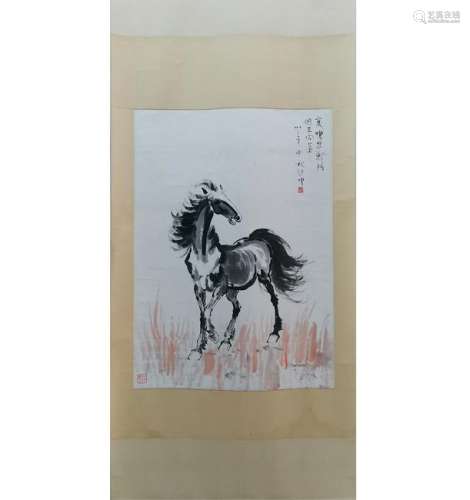 CHINESE INK AND COLOR PAINTING OF HORSE, XU BEIHON