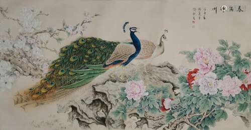 CHINESE INK AND COLOR PAINTING OF PEACOCK, YU JI G