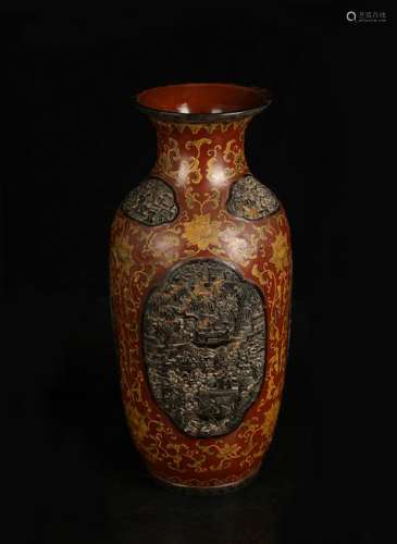 CHINESE LACQUER WOOD VASE INLAID TORTOISE SHELL