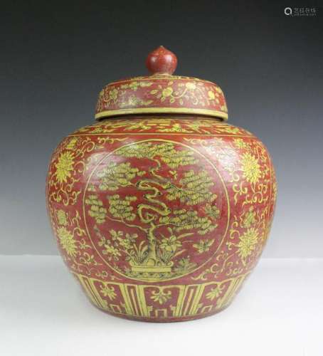 CHINESE RED AND YELLOW GLAZE COVER JAR