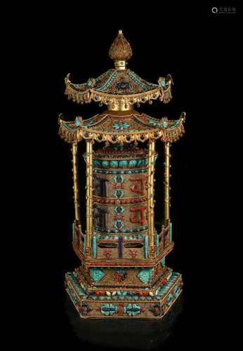 CHINESE SILVER WIRE PAGODA WITH INLAID