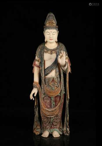 CHINESE POLYCHROME WOOD FIGURE OF GUANYIN