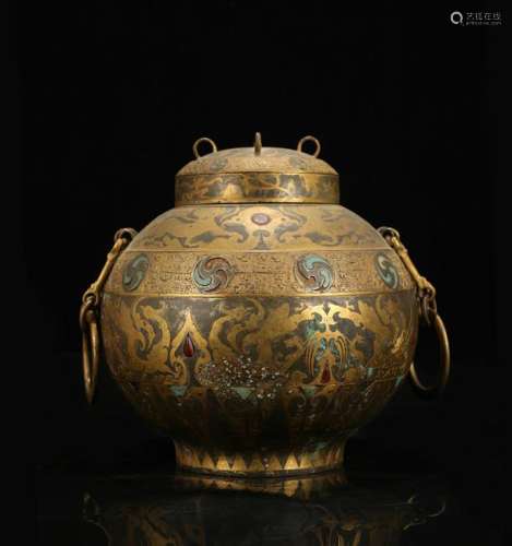 CHINESE BRONZE COVER VESSEL INLAID TURQUOISE AND G