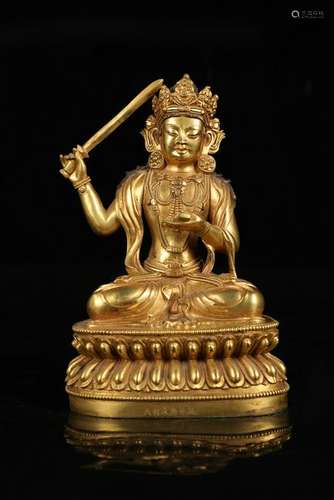 CHINESE GILT BRONZE FIGURE OF MANJUSRI