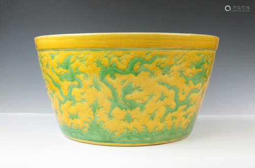 CHINESE GREEN AND YELLOW GLAZED DRAGON FISH BOWL