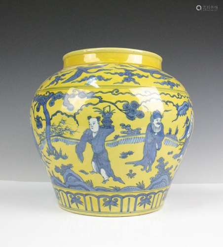 CHINESE BLUE WHITE YELLOW GROUND PORCELAIN JAR