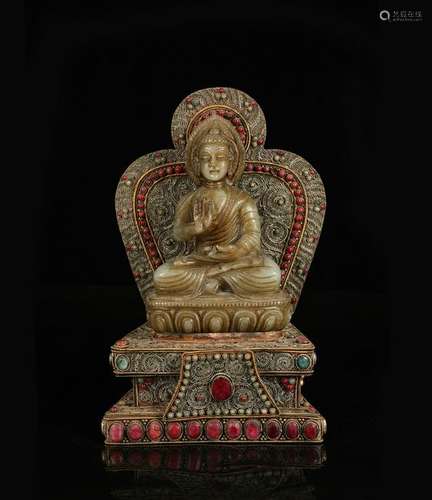 CHINESE JADE FIGURE OF BUDDHA WITH SILVER WIRE SHR