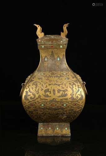 CHINESE BRONZE COVER VESSEL INLAID TURQUOISE AND G