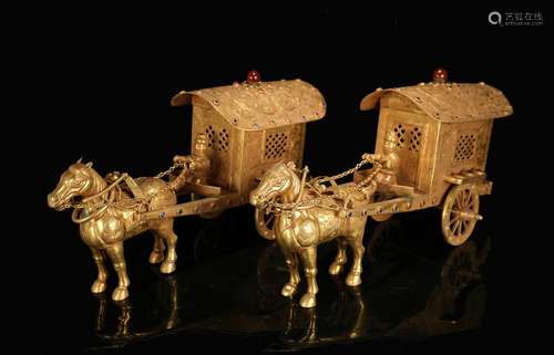 CHINESE GILT BRONZE HORSE AND WAGONS, PAIR