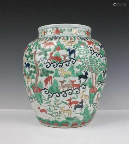 CHINESE FAMILLE VERTE PORCELAIN JAR, DEER SCENE