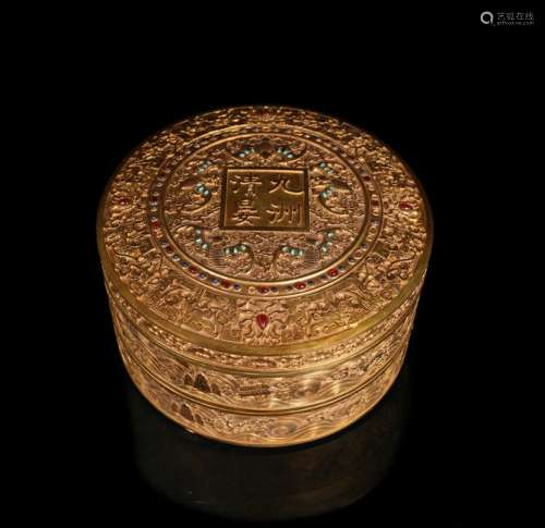 CHINESE GILT BRONZE COVER BOX WITH INLAID