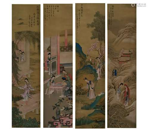 CHINESE PAINTINGS OF GARDEN SCENE, SET OF 4, HU XI