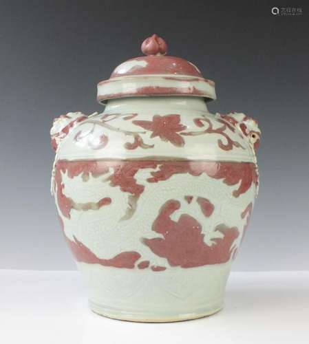 CHINESE IRON RED DRAGON COVER JAR