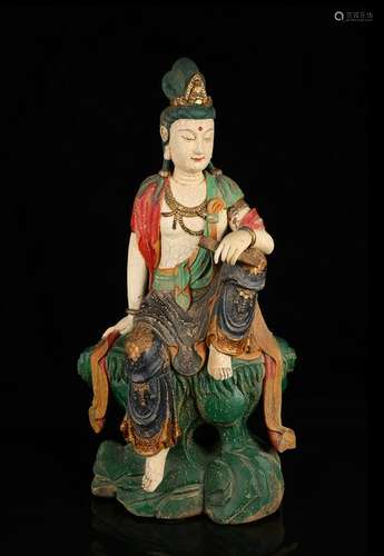 CHINESE POLYCHROME WOOD FIGURE OF GUANYIN