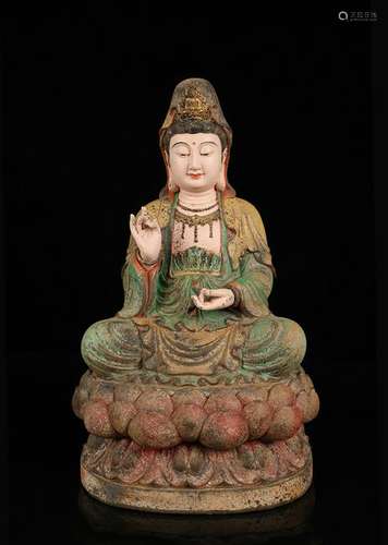 CHINESE POLYCHROME WOOD FIGURE OF GUANYIN