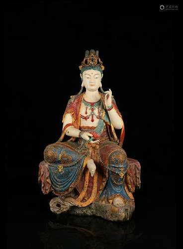 CHINESE POLYCHROME WOOD FIGURE OF GUANYIN