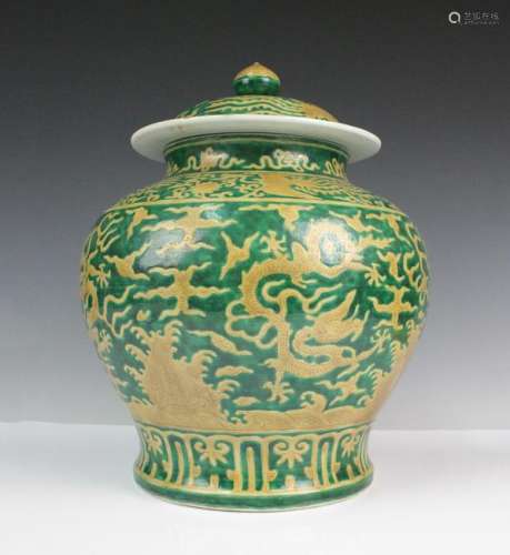 CHINESE GREEN AND YELLOW GLAZED DRAGON JAR