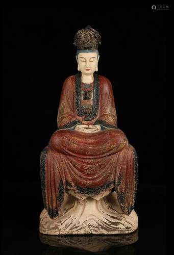 CHINESE POLYCHROME WOOD FIGURE OF GUANYIN