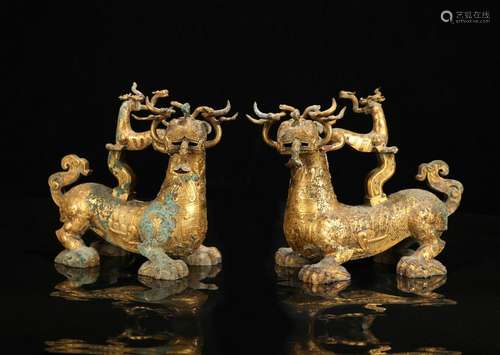 CHINESE GILT BRONZE FIGURES OF BEAST, PAIR