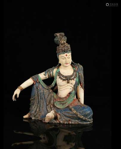 CHINESE POLYCHROME WOOD FIGURE OF GUANYIN