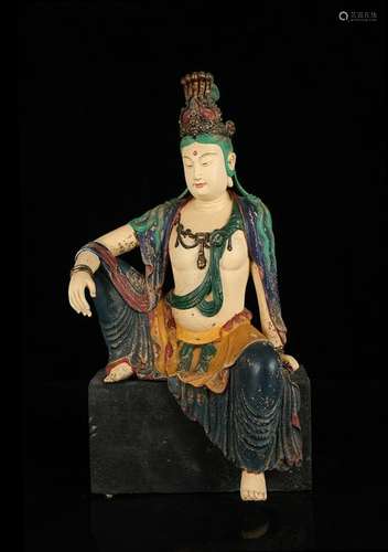 CHINESE POLYCHROME WOOD FIGURE OF GUANYIN