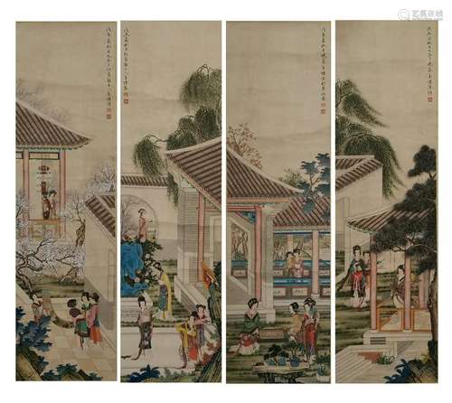 CHINESE PAINTINGS OF GARDEN SCENE, SET OF 4, JIANG