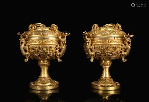 CHINESE GILT BRONZE DRAGON VESSELS, PAIR