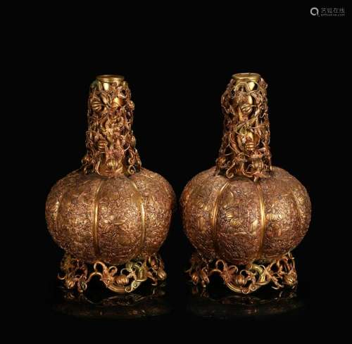 CHINESE BRONZE PUMPKIN CANDLE STANDS, PAIR
